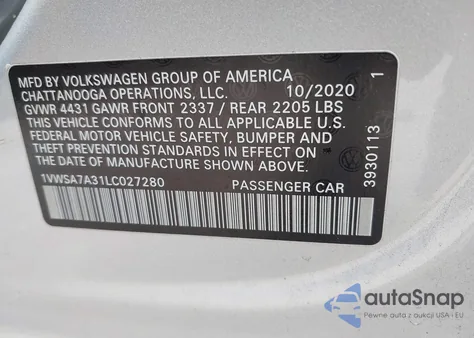 2020 Volkswagen Passat 2.0T Se z USA, uszkodzony, nr VIN 1VWSA7A31LC027280